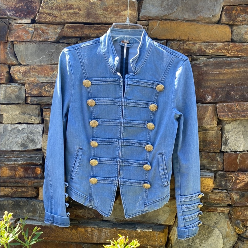 Free People Blue and Gold Jean Jacket